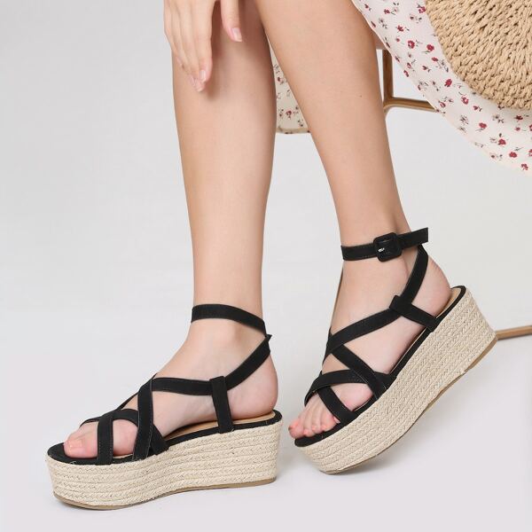 

Strappy Ankle Wrap Platform Wedge Sandals, Black