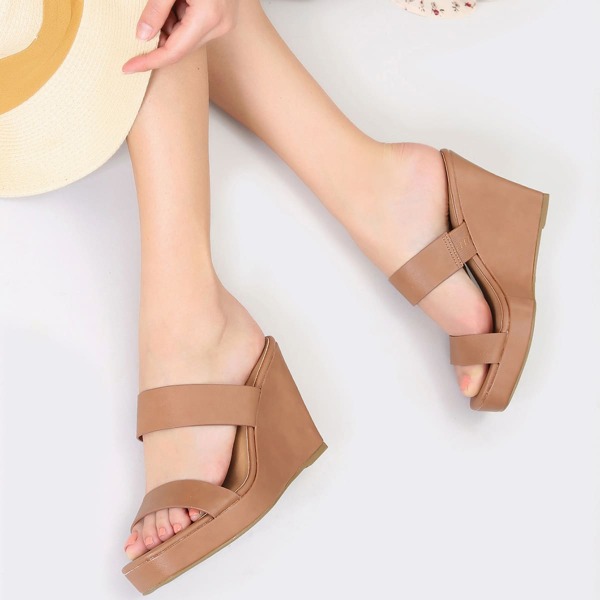 

Twin Band Open Toe Platform Wedges, Khaki