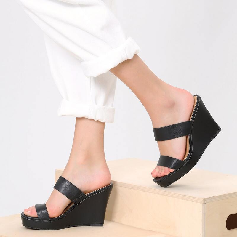 

Double Band Open Toe Platform Wedge Sandals, Black