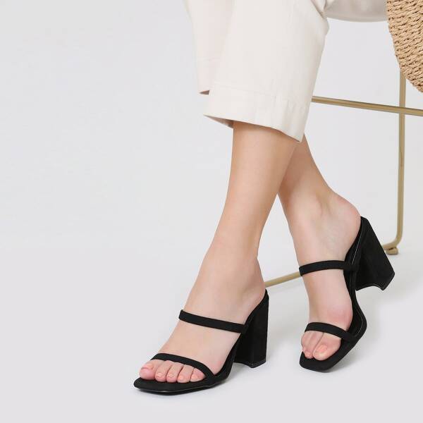 

Square Toe Double Band Block Heel Mules, Black