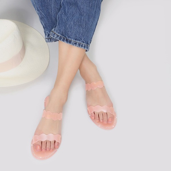 

Crystal Trim Scalloped Double Band Jelly Sandals, Baby pink