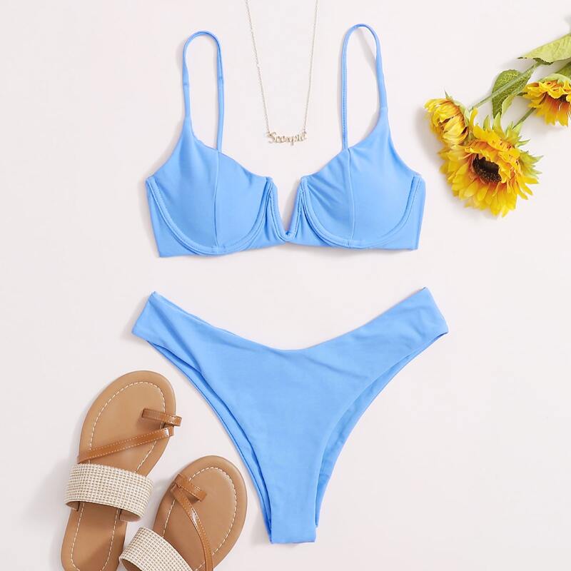 

V Wired Underwire High Cut Bikini Swimsuit, Baby blue