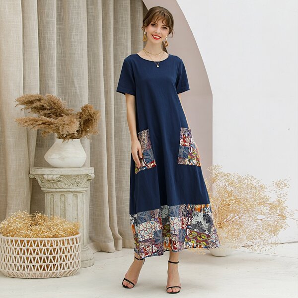 

Contrast Aztec Dual Pocket Dress, Navy blue