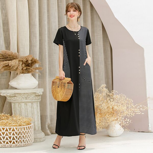 

Contrast Striped Button Front Dress, Black