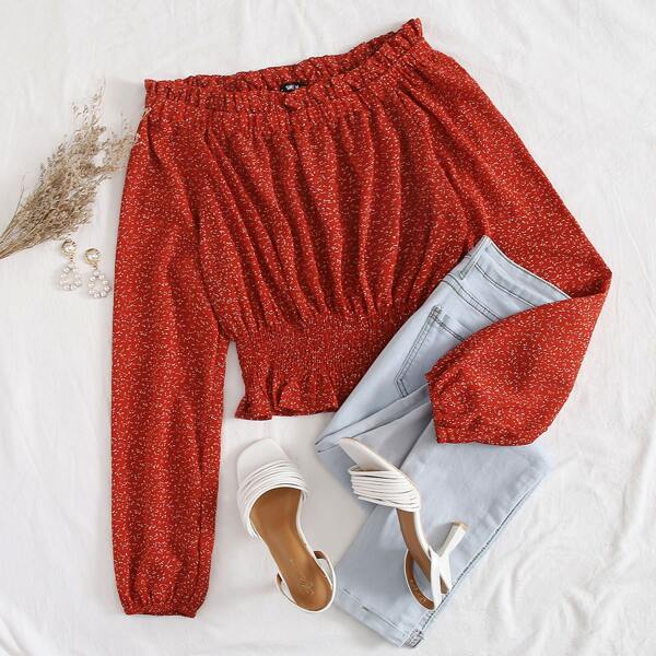 

Shirred Hem All Over Print Bardot Top, Red