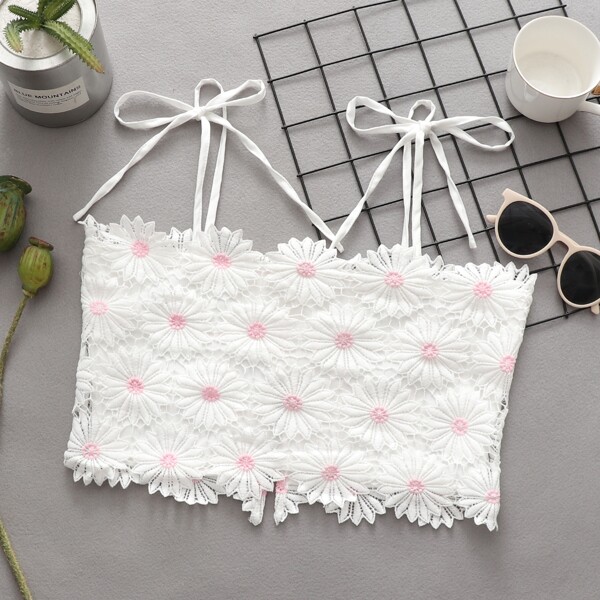 

Floral Lace Tie Shoulder Crop Cami Top, White