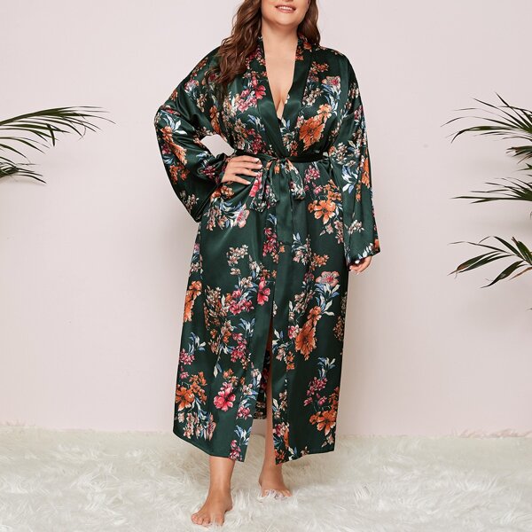 

Plus Floral Print Self Tie Satin Robe, Dark green