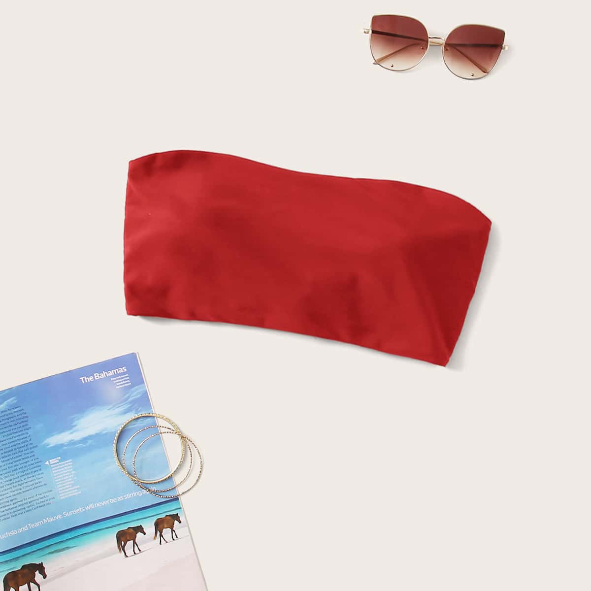 

Lace-up Back Reversible Bandeau Bikini Top, Red bright