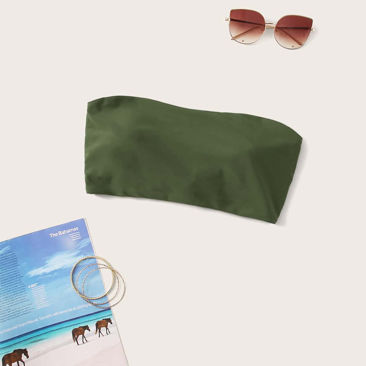 

Lace-up Back Reversible Bandeau Bikini Top, Army green