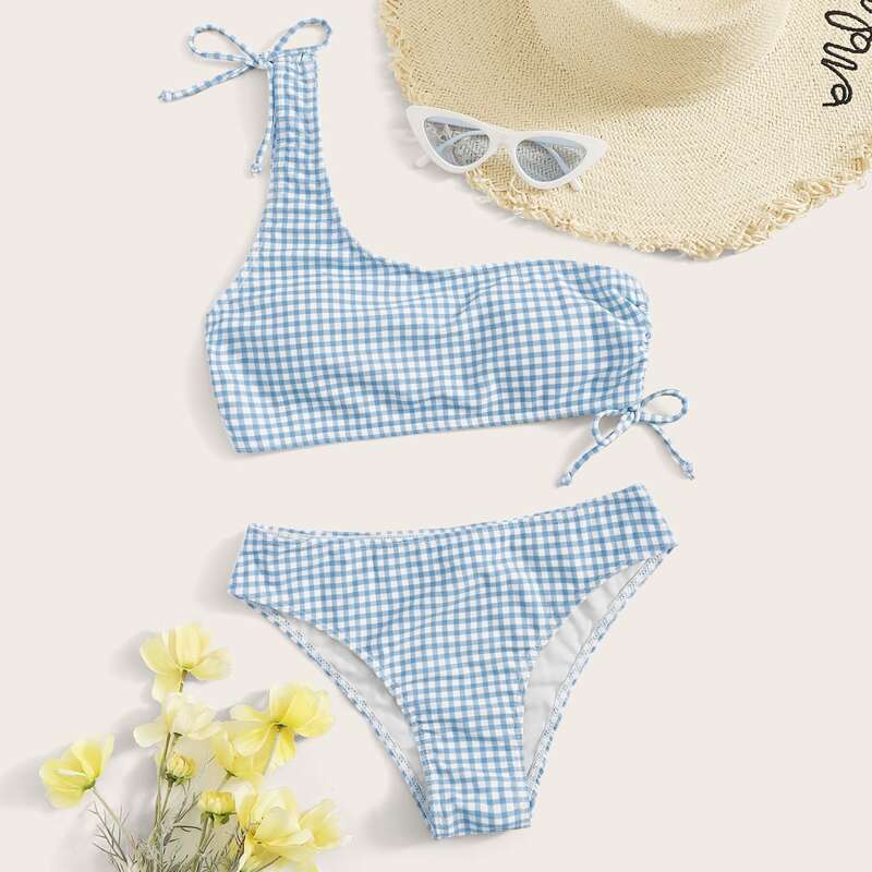 

Gingham One Shoulder Bikini Swimsuit, Pastel baby blue