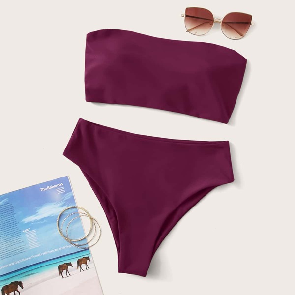 

Lace-up Back Bandeau High Waisted Bikini Swimsuit, Maroon
