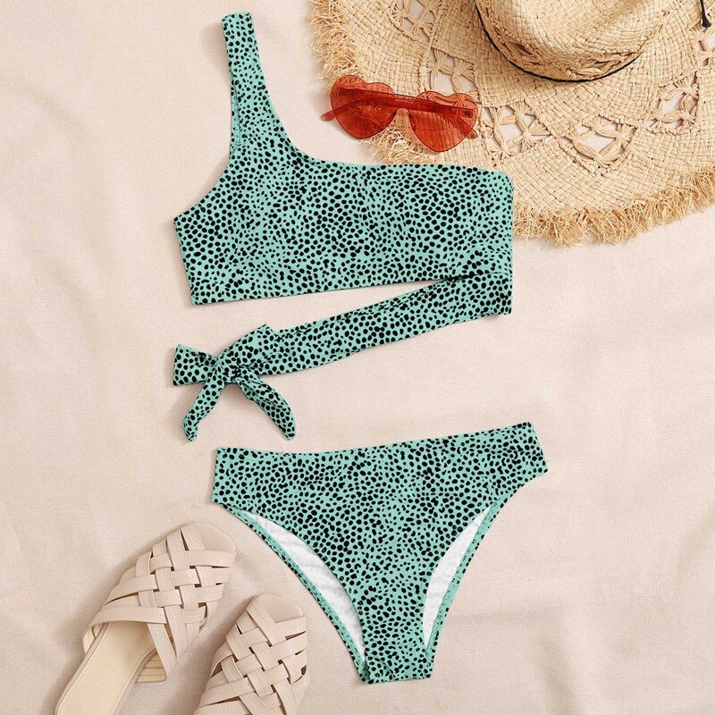 

Dalmatian Tie Side One Shoulder Bikini Swimsuit, Mint green
