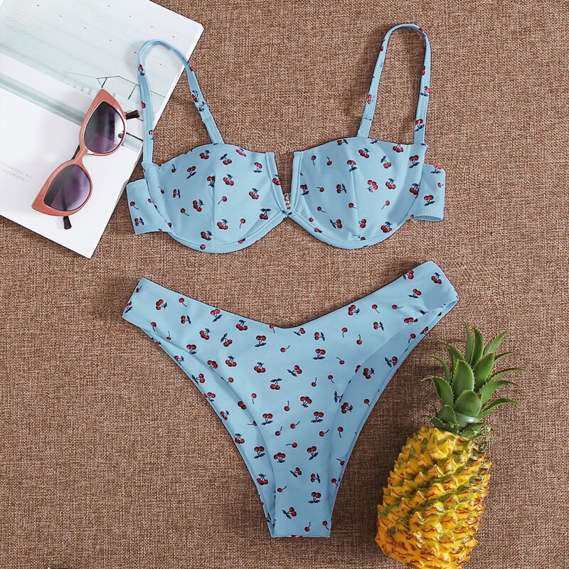 

Cherry Print V Wired Underwire Bikini Swimsuit, Pastel baby blue