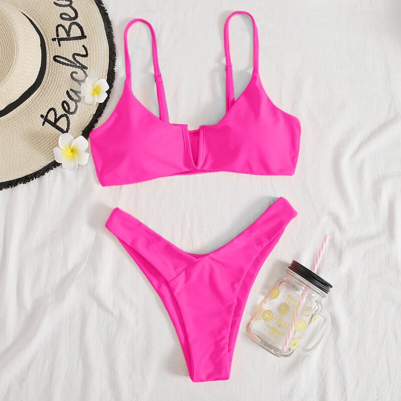 

V Wired High Cut Bikini Swimsuit, Hot pink bright