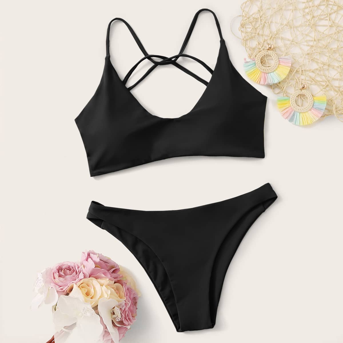 

Tie Back Cheeky Bikini Swimsuit, Black