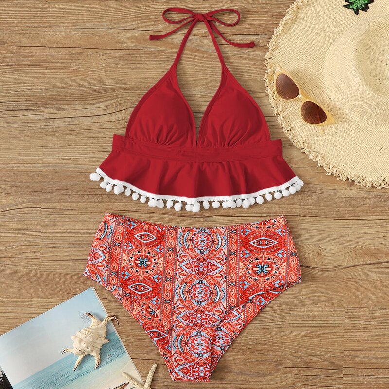 

Tribal Pom-pom Ruffle Hem Bikini Swimsuit, Red