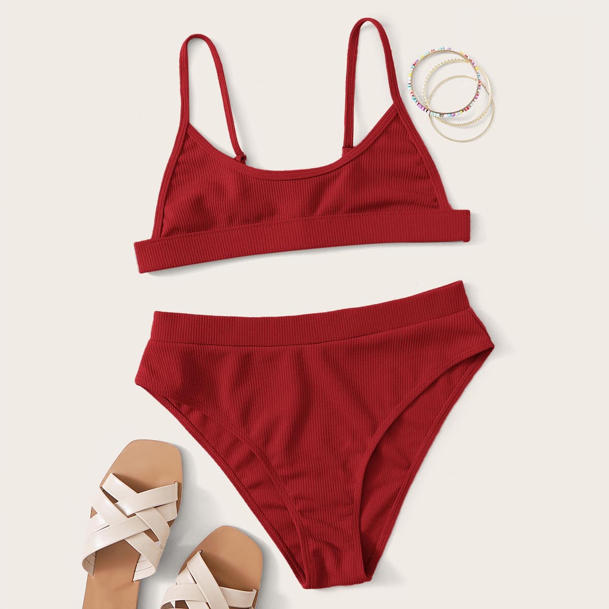

Ribbed High Waisted Bikini Swimsuit, Rose red