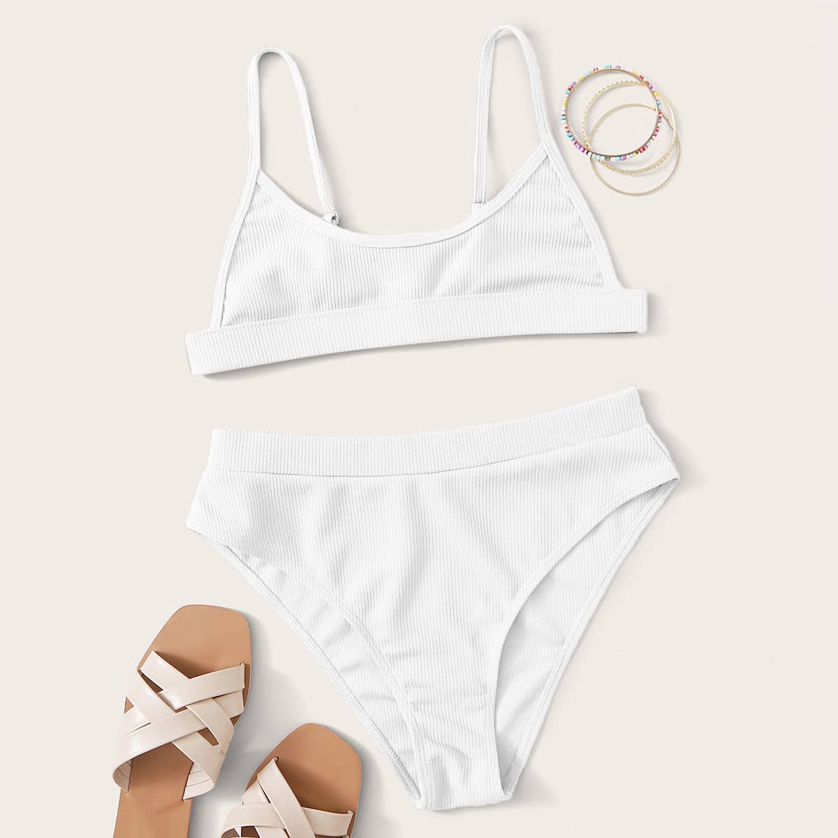 

Ribbed High Waisted Bikini Swimsuit, White