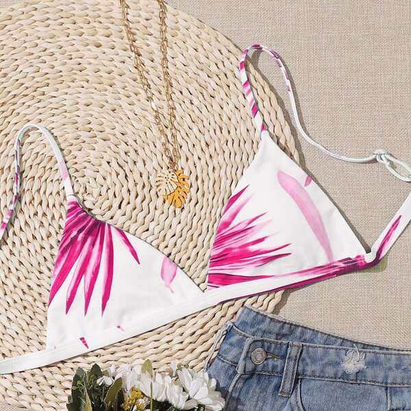 

Palm Print Triangle Bikini Top, Hot pink