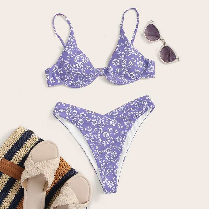 

Floral Underwire High Leg Bikini Swimsuit, Pastel lilac purple