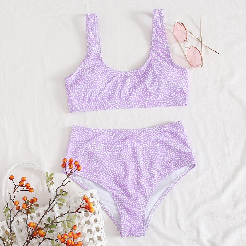 

Dalmatian High Waisted Bikini Swimsuit, Pastel lilac purple
