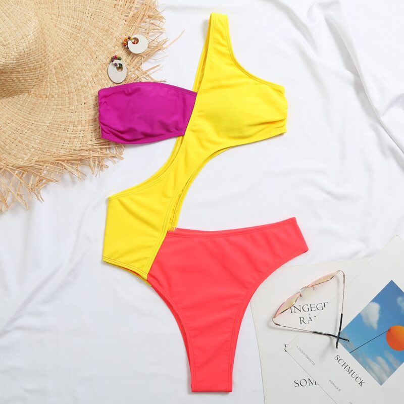 

Color Block Cut-out One Shoulder One Piece Swimsuit, Multicolor