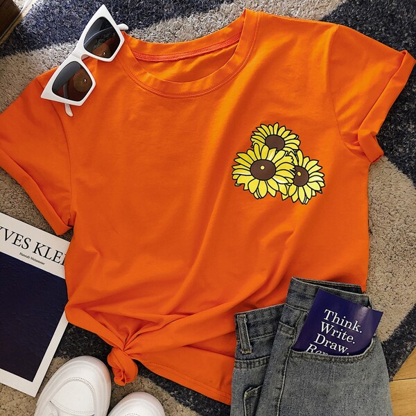 

Sunflower Print Round Neck Tee, Orange bright