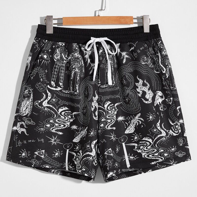 

Guys Graphic Print Drawstring Waist Shorts, Black