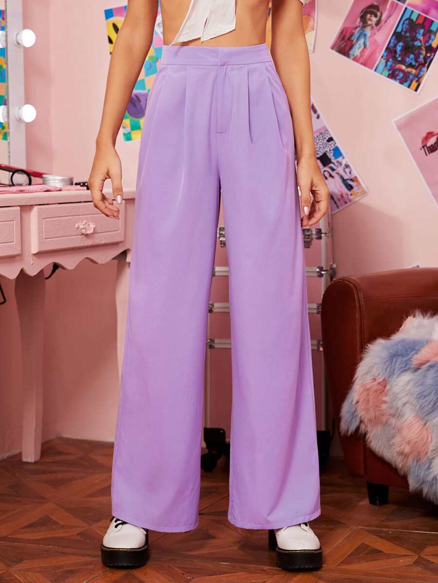 SHEIN EZwear Zipper Fly Fold Pleated Palazzo Trousers - Lilac Purple - View 1