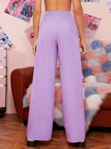 SHEIN EZwear Zipper Fly Fold Pleated Palazzo Trousers - Lilac Purple - View 2