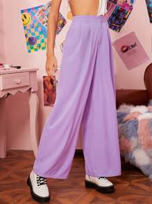 SHEIN EZwear Zipper Fly Fold Pleated Palazzo Trousers - Lilac Purple - View 4