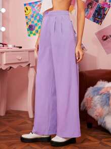 SHEIN EZwear Zipper Fly Fold Pleated Palazzo Trousers - Lilac Purple - View 5