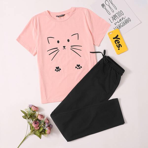 

Cartoon Graphic Top & Drawstring Waist Pants PJ Set, Multicolor