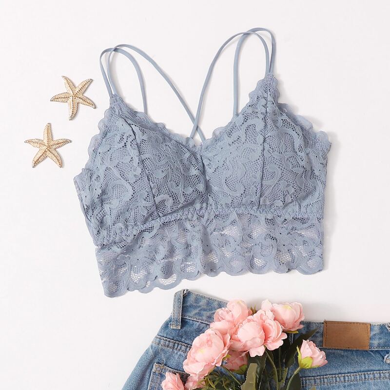 

Floral Lace Crisscross Back Bralette, Grey