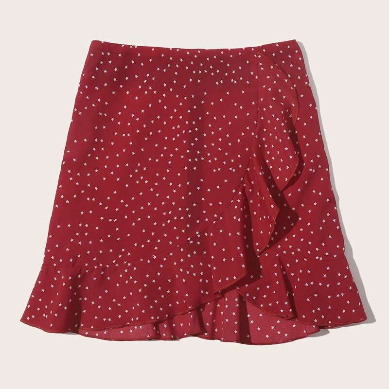

Star Allover Print Ruffle Skirt, Red
