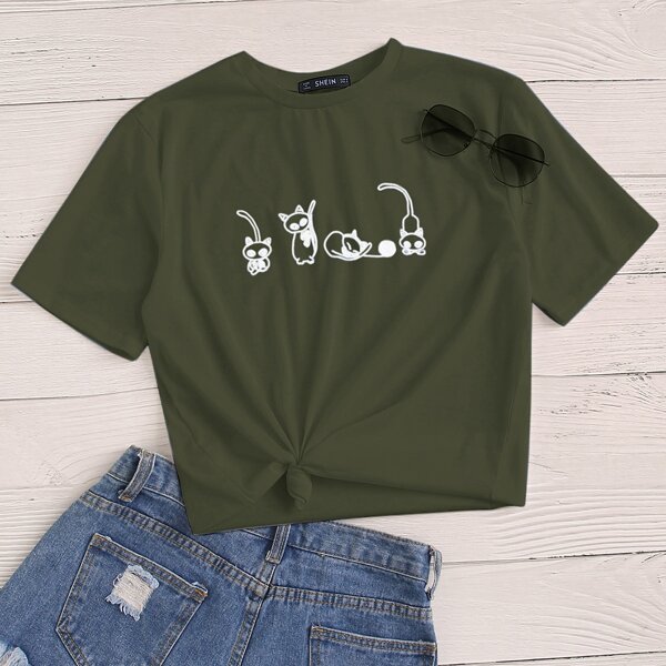 

Cartoon Cat Graphic Tee, Army green