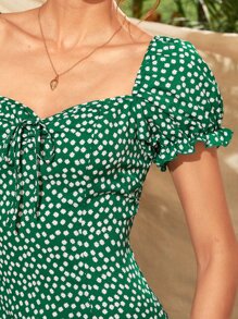 SHEIN Holidaya Ditsy Floral Tie Front Ruffle Hem Milkmaid Dress - Green - View 4