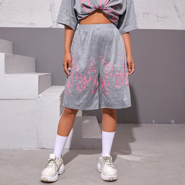 

High Waist Fire Print Shorts, Grey