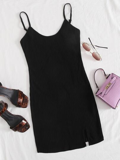 Vestido ajustado tejido de canalé bajo con abertura