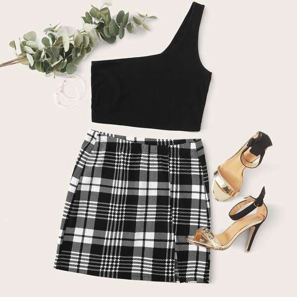 

Plus One Shoulder Top and Plaid Split Hem Skirt Set, Black and white