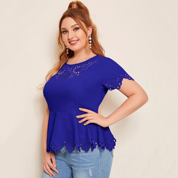 

Plus Scallop Edge Laser Cut Peplum Top, Royal blue