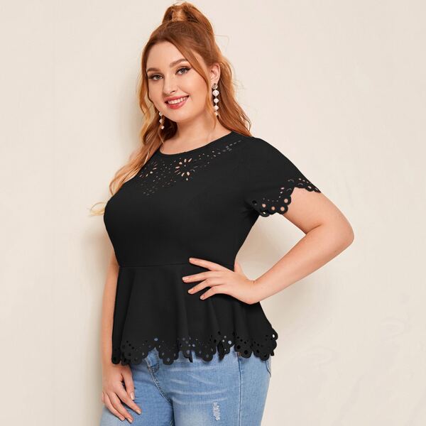 

Plus Scallop Edge Laser Cut Peplum Top, Black