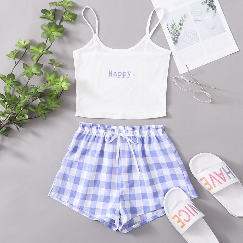 

Letter And Gingham Tie Front Cami PJ Set, Multicolor