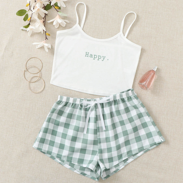

Letter And Gingham Tie Front Cami PJ Set, Multicolor