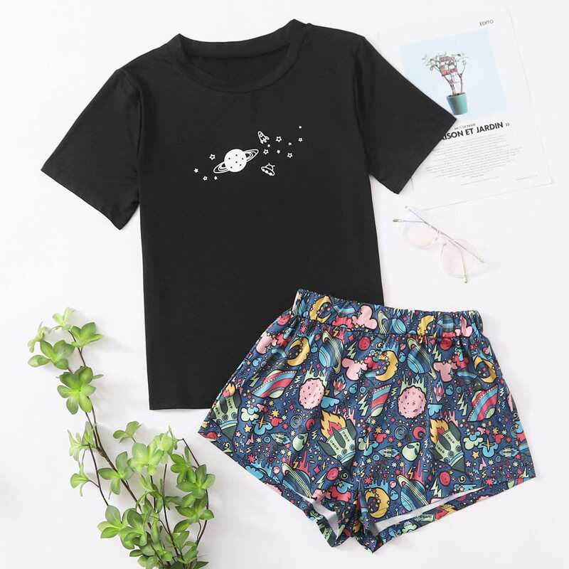 

Galaxy And Cartoon Graphic Tee, Multicolor