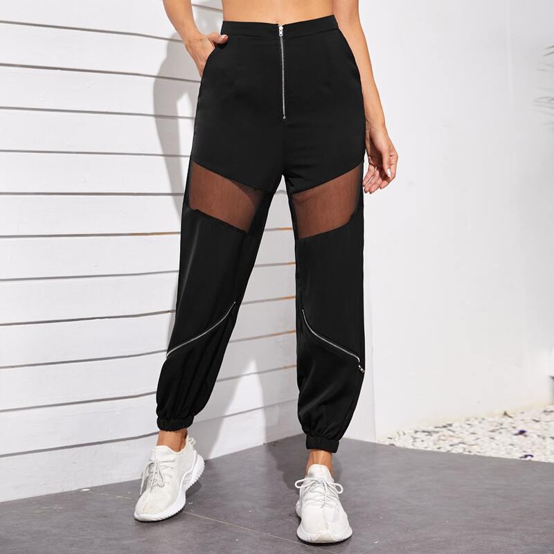 

Contrast Mesh Zipper Detail Sports Pants, Black