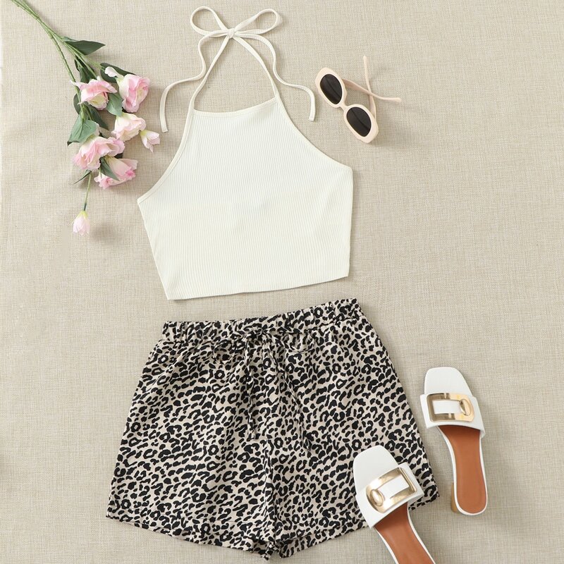 

Tie Back Halterneck Crop Top and Leopard Shorts Set, Multicolor