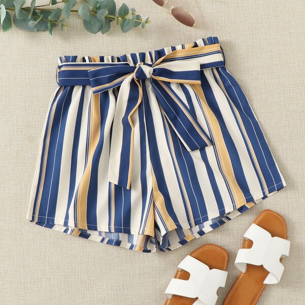 

Paperbag Waist Wide Leg Self Belted Shorts, Multicolor