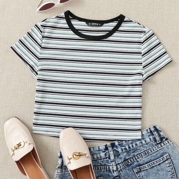 

Striped Rib-knit Crop Tee, Multicolor