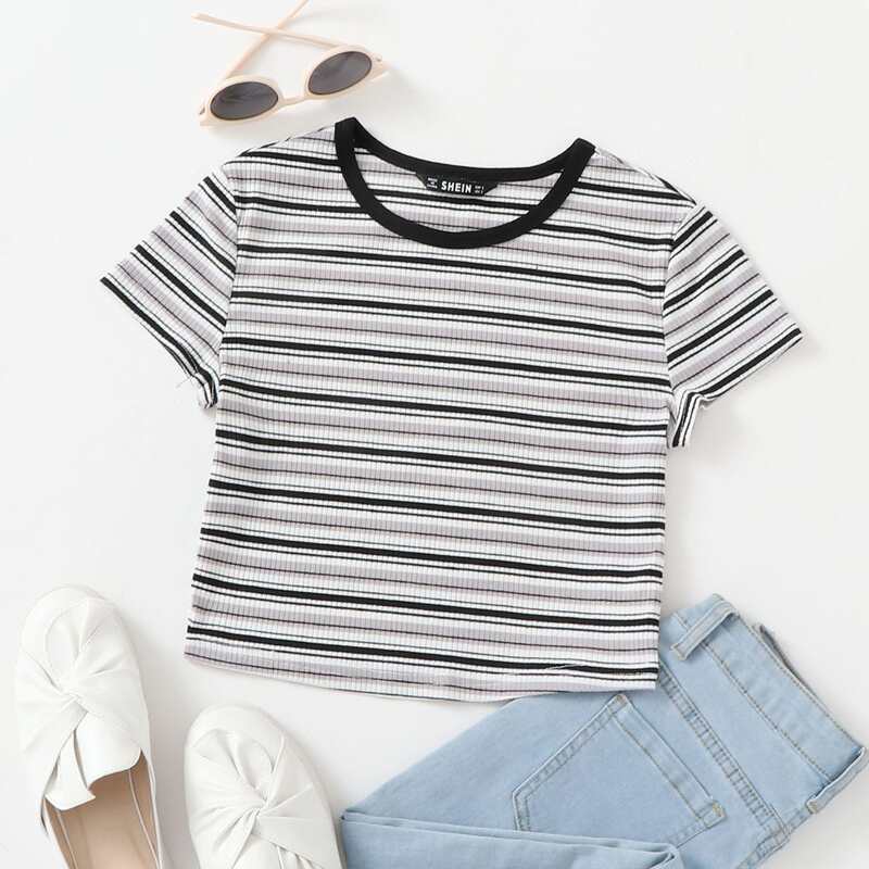 

Striped Rib-knit Crop Tee, Multicolor